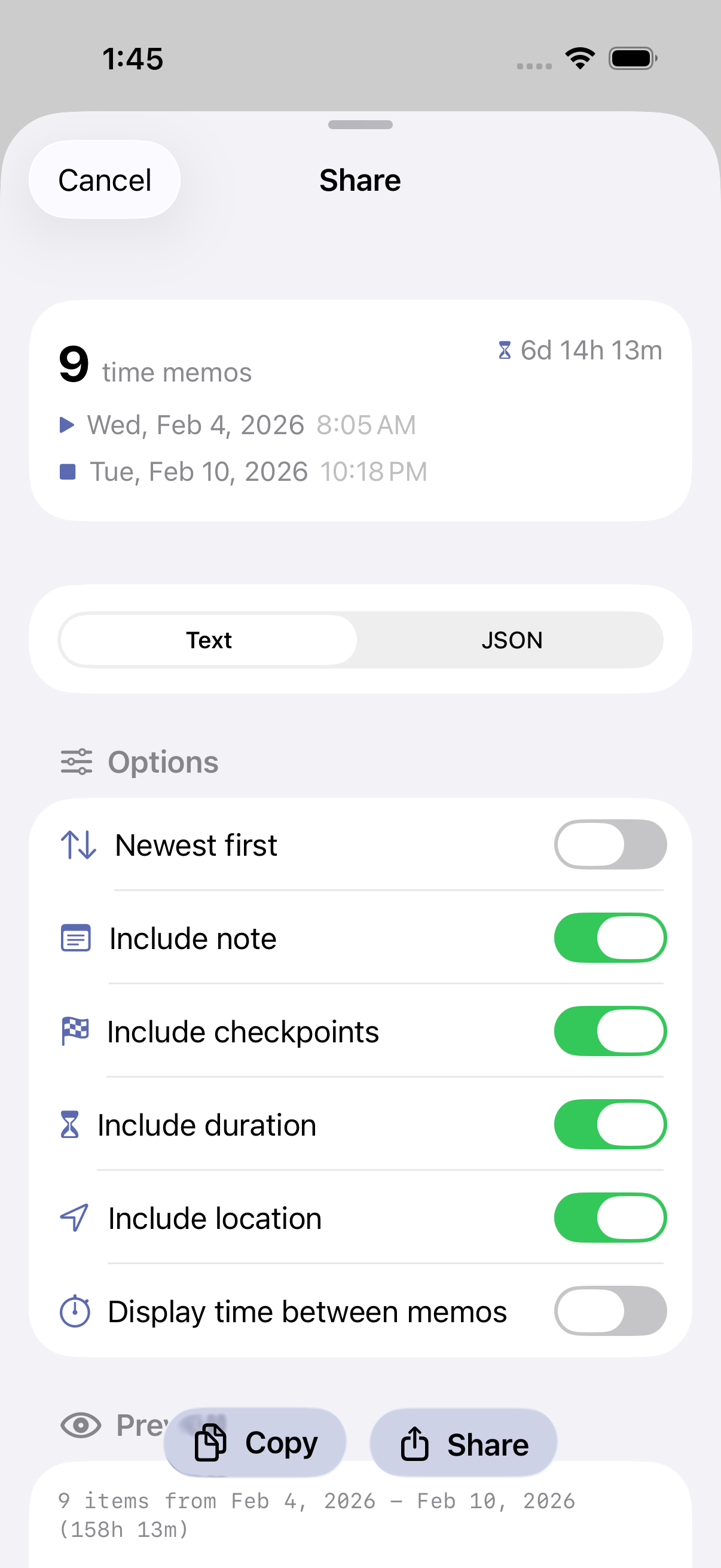 Export options dialog showing format and include options